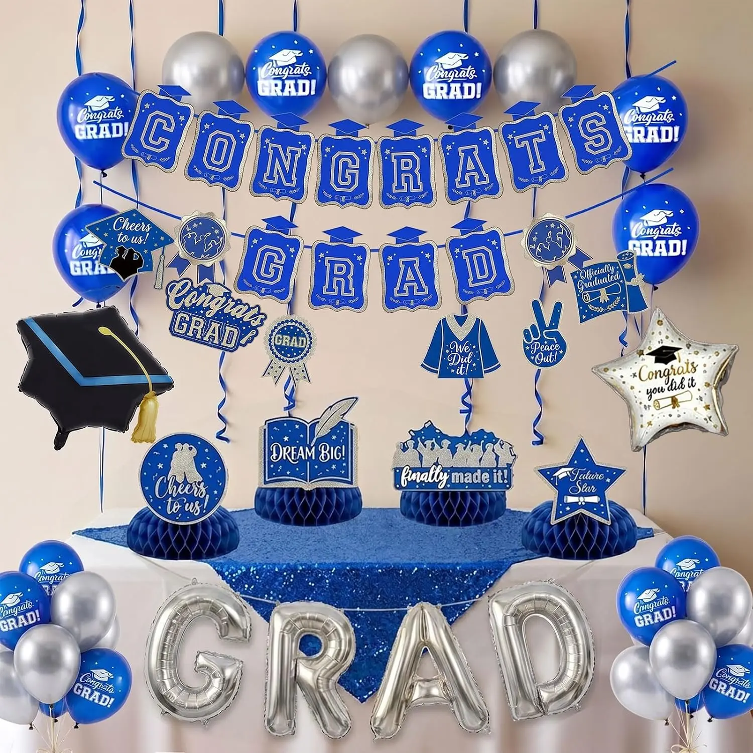 Royal Blue  2026 Graduation Party Decorations - Class of 2026 Grad Printed Balloons, Banner,  Swirls, Table Centerpieces, Trophy Foil Balloons for College High School Graduation Prom