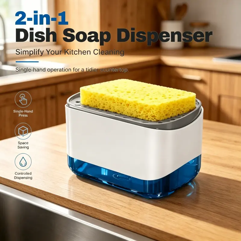Space Saving 2-In-1 Kitchen Sink Organizer With Sponge Tray Single Press Precise Liquid Dispenser For Household Kitchen Plastic Soap Dispenser