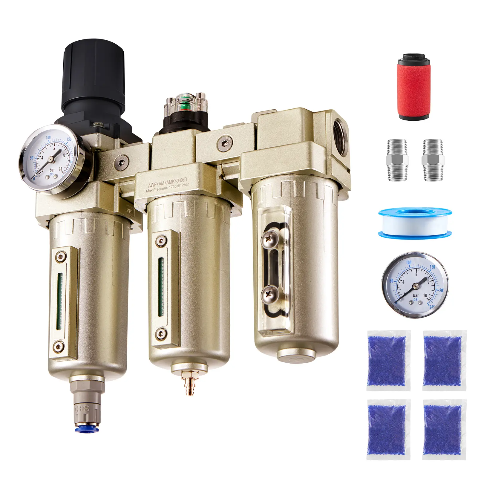 Air Compressor Filter Regulator, 41-140°F/5-60°C Operating Temperature, 175 PSI Max Working Pressure