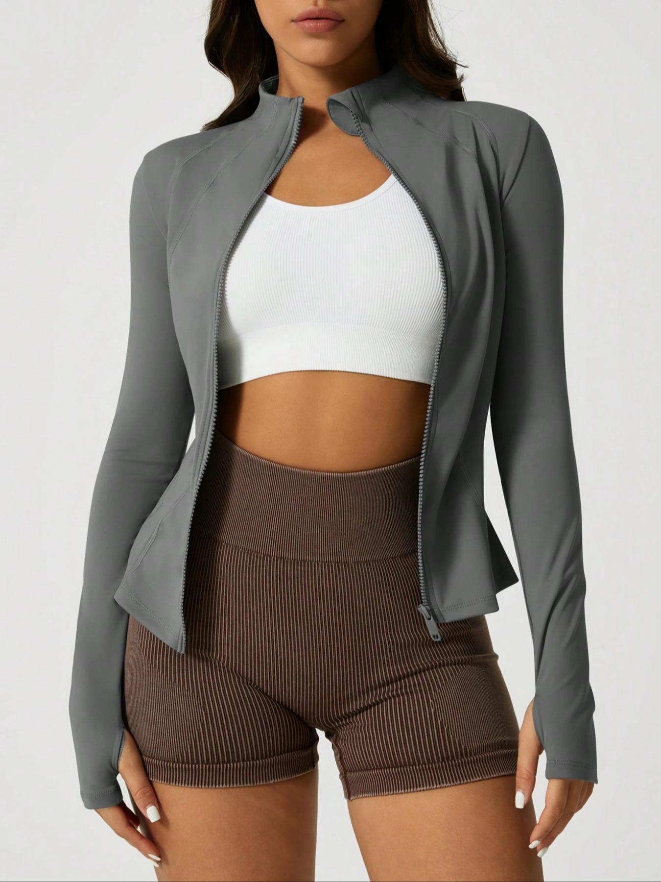 Women's Solid Zip Up Sports Jacket, Lightweight Sports Jacket, Sporty Thumb Hole Long Sleeve Outerwear for Gym Workout Running, Ladies Sportswear for All Seasons, Modern and Comfortable