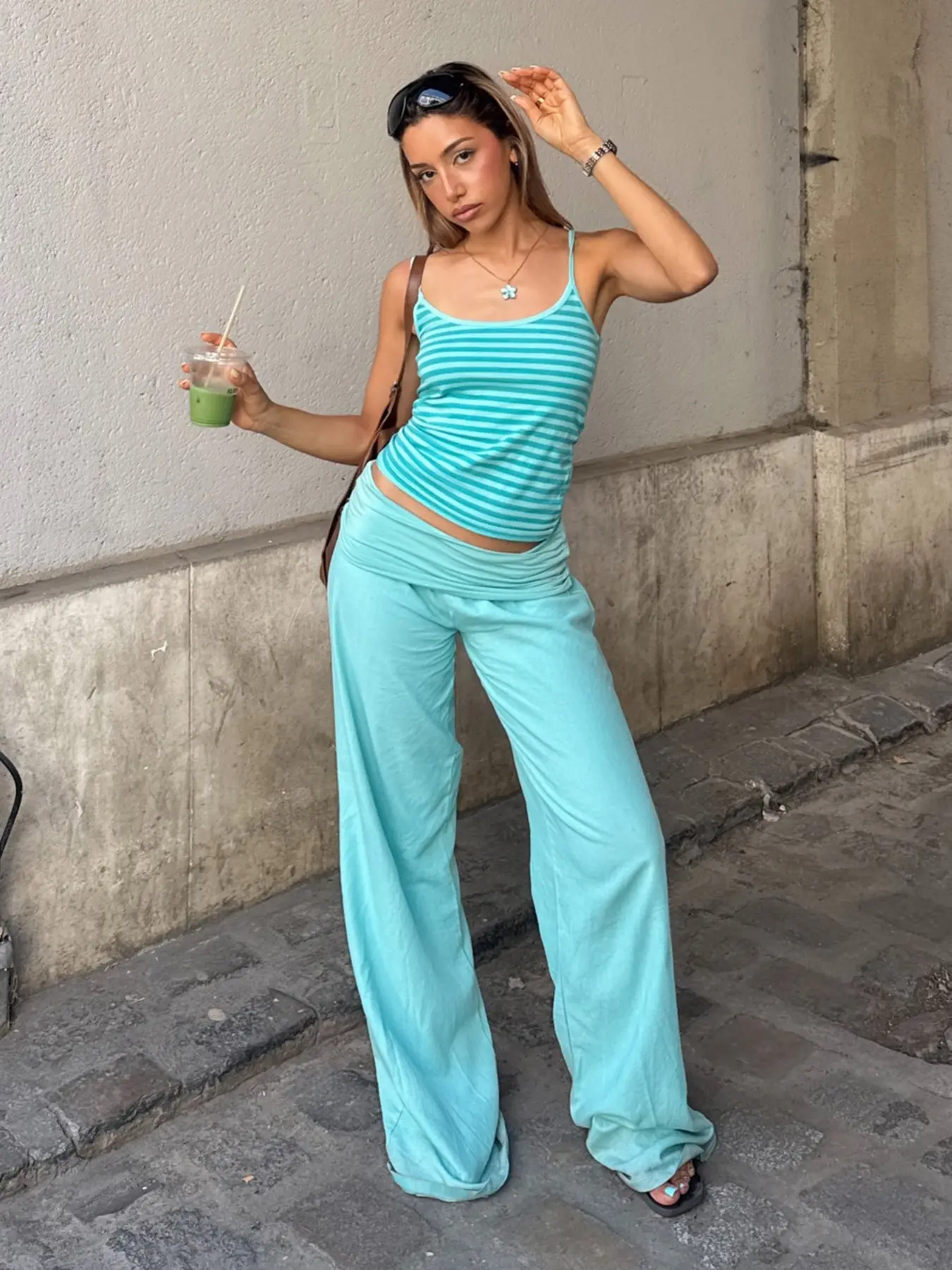Candy Color Casual Two-Piece Set, Striped Thin Strap Sleeveless Tank Top & High-Waisted Straight Leg Pants, Summer for Women