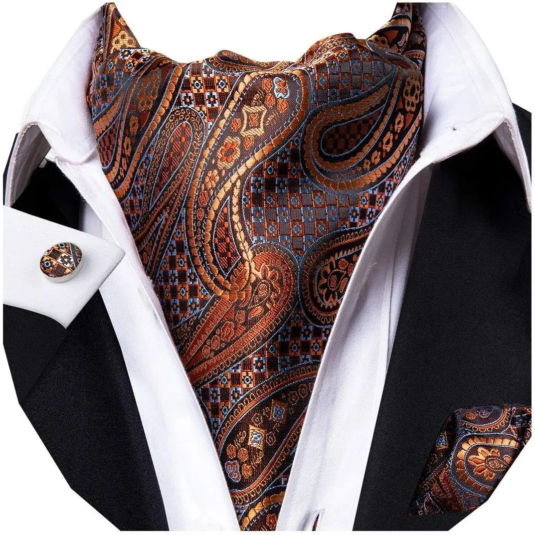 Paisley Floral Ascot for Men Self Tie Mens Cravat and Pocket Square Cufflinks Wedding