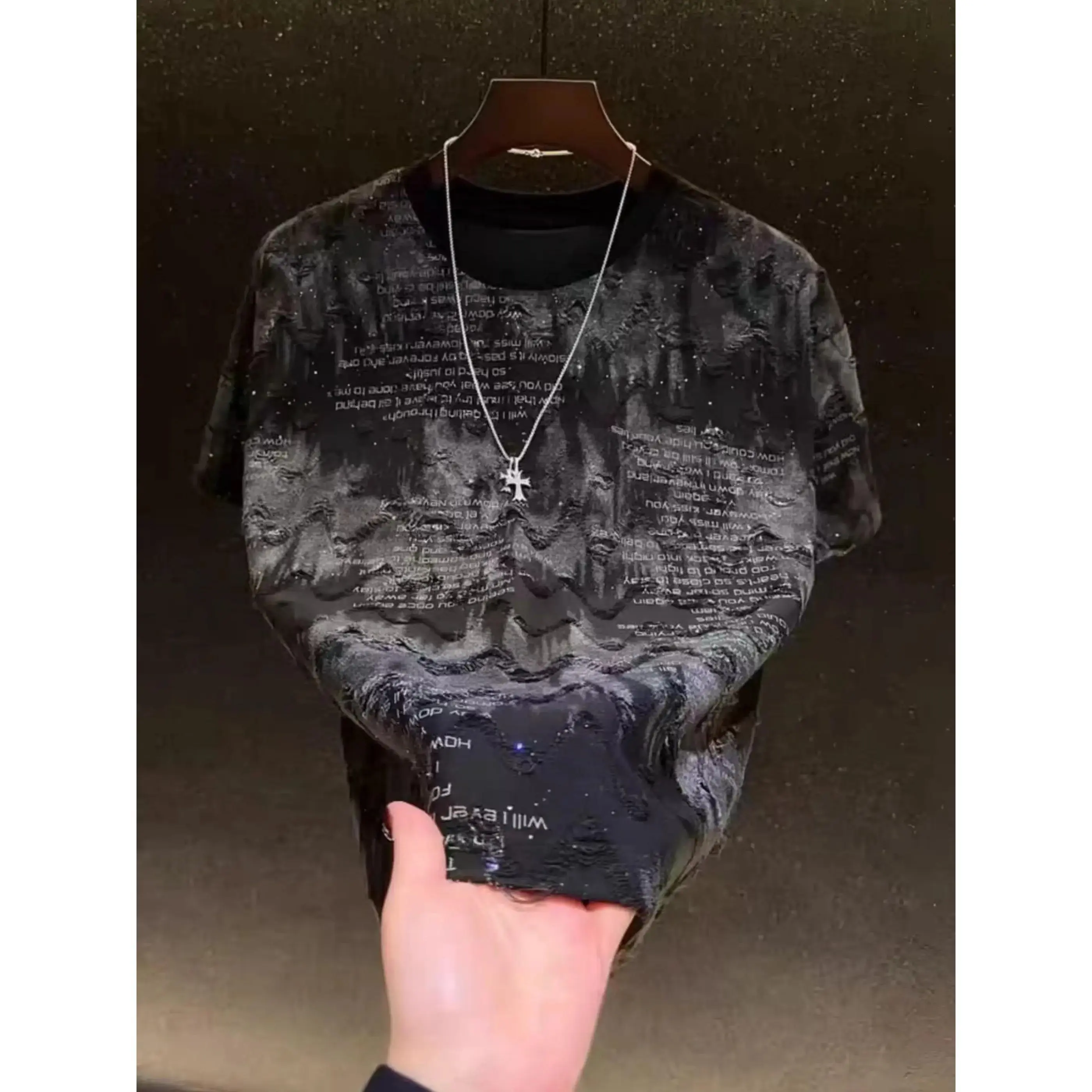 Men’s letter distressed top with sequin embellishments, men’s summer T-shirt, summer casual shiny top, men’s graphic T-shirt, men’s street style, gothic-style T-shirt (no accessories)