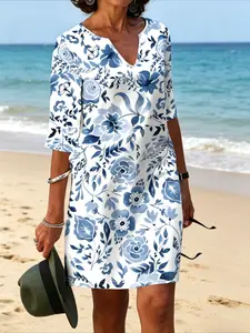Women's V-Neck Short Sleeve Dress, Bohemian Style, Essential Summer Wardrobe,  Unlined, Lightweight Fabric