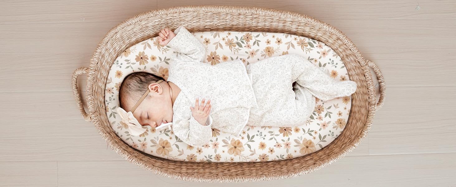 3 Pack Stretchy Bassinet Sheets for Baby Girl Boy, Soft Breathable Baby Bassinet Mattress Sheets Fit for Hourglass Oval Cradle, Moses Basket Rectangle Mattress (Pink Spring)