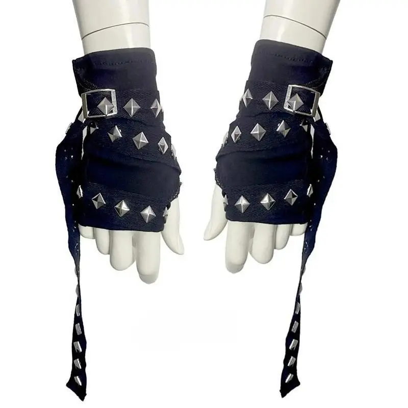 Black Rivet Chain Gloves Unisex Y2K Strap Girl Sleeve Hand Cover Teenage Girls Hip Hop Arm Cover Driving Gloves Accessories