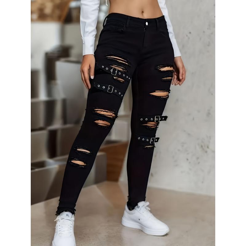 Women's High-Waist Black Skinny Jeans with Unique Buckle Detail - Stretch Denim, Distressed Look, Machine Washable - Perfect for Spring & Autumn Fashion, Plus Size Jeans