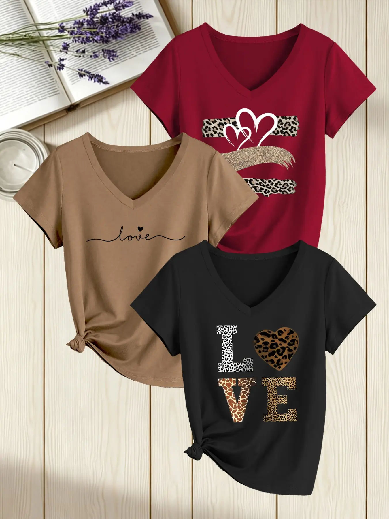 Women's 3-Pack Leopard Print Love T-Shirts, Fashion V-Neck Short Sleeve, Soft Fabric, All Seasons, Casual Style