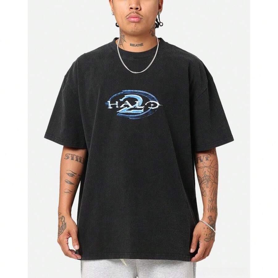 Halo 2 Vintage Washed Heavyweight Cotton T Shirt Premium Crew Neck Graphic Print Unisex Retro Urban Streetwear Classic Fit Soft Breathable Casual Daily Outdoor Fashion Top Trendy Game Apparel Ideal Gift for Gaming Enthusiasts