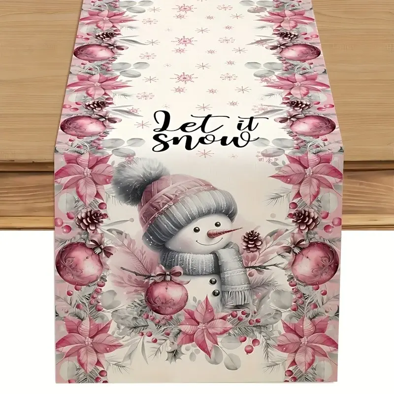 Christmas Table Runner, Poinsettia Snowflake Snowman Design, Perfect for Dining Table, Kitchen, Party Decorations