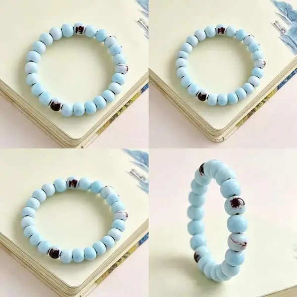 Handmade Light Sky Blue Red Speckled Round High-Temperature Kiln Glaze Ceramic Stretch Bracelet, Dainty Minimalist Stackable Wrist Jewelry for Women Summer Daily Casual Wear