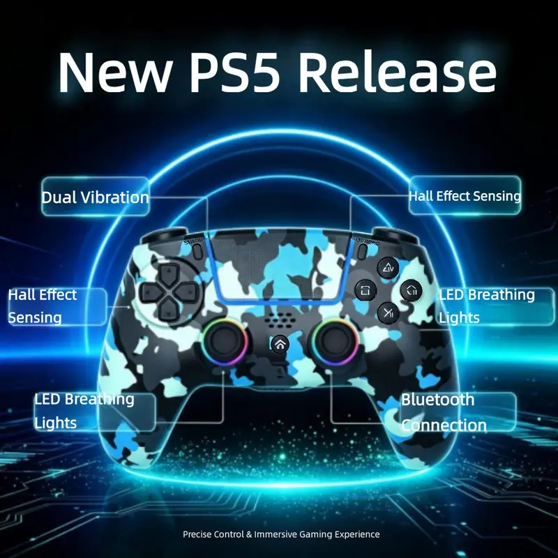 Wireless Game Controller Compatible with PS5, PS4, PC & Switch | Hall Effect Triggers, Dual Vibration, RGB Lighting, Turbo/Macro Buttons