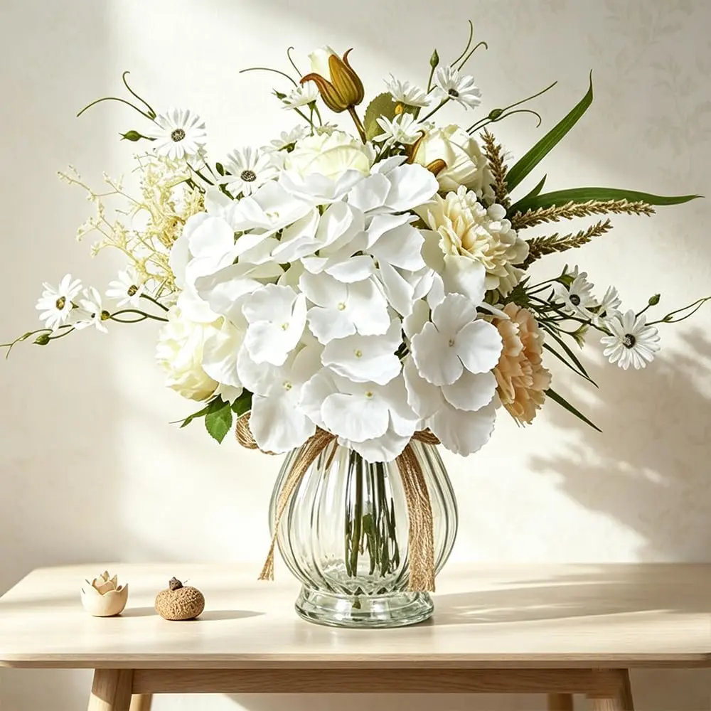LESING Fake Flowers with Vase, Hydrangea Artificial White Flowers in Glass Vase Faux Flowers Arrangement Suitable for Home Kitchen Living Room Fall Spring Decor Office Decoration (White)