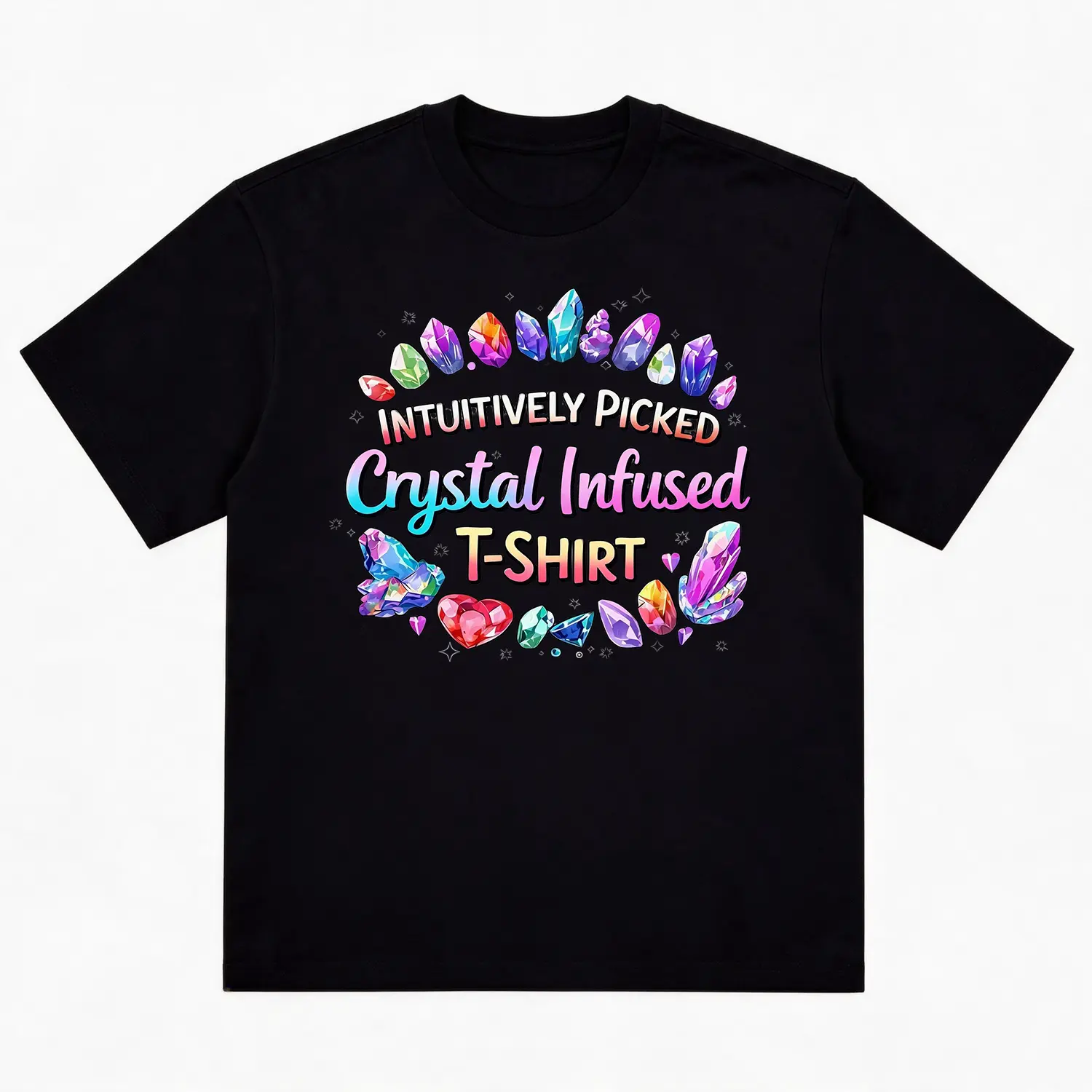 Heavyweight Cotton Oversized Crew Neck Short Sleeve Front Print T Shirt, Intuitively Picked Crystal Infused T-Shirt Rainbow Pastel Crystal Gemstone Heart Crown Watercolor Witchy Spiritual Healing Mineral Graphic Tee, Unisex Crystal Lover Mystical Witch Ca