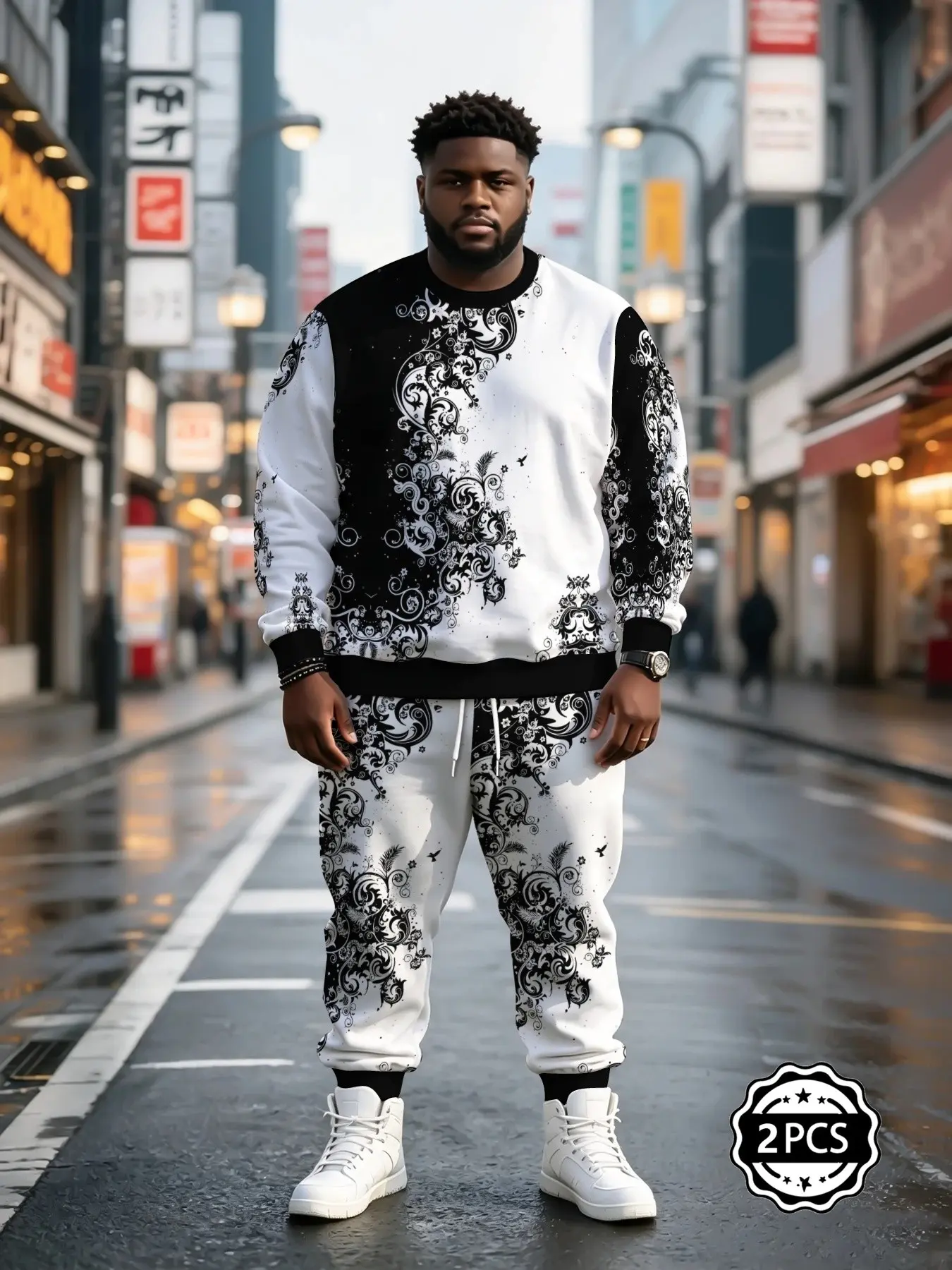 Men's Patchwork Paisley Print Round Neck Sweatshirt Set, Casual Long Sleeve Ankle Pants, All Seasons Sportswear, Sweatsuit Outfits