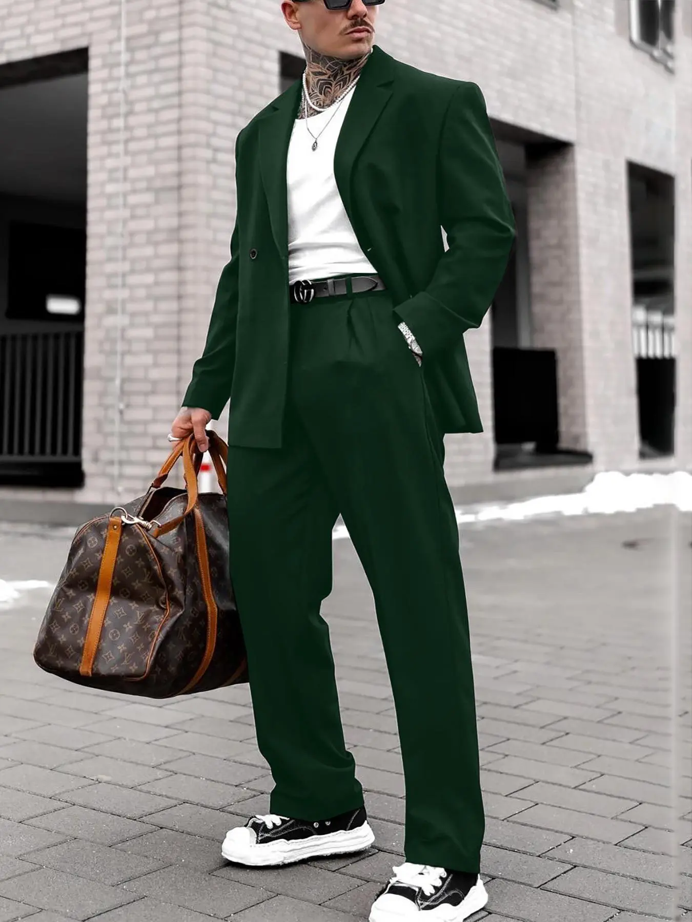 Men's Solid Color Suit Set, Loose Casual Lapel Neck Blazer & Straight Leg Pants, for Men, Men's Clothing for Business Formal Occasions, Gamis