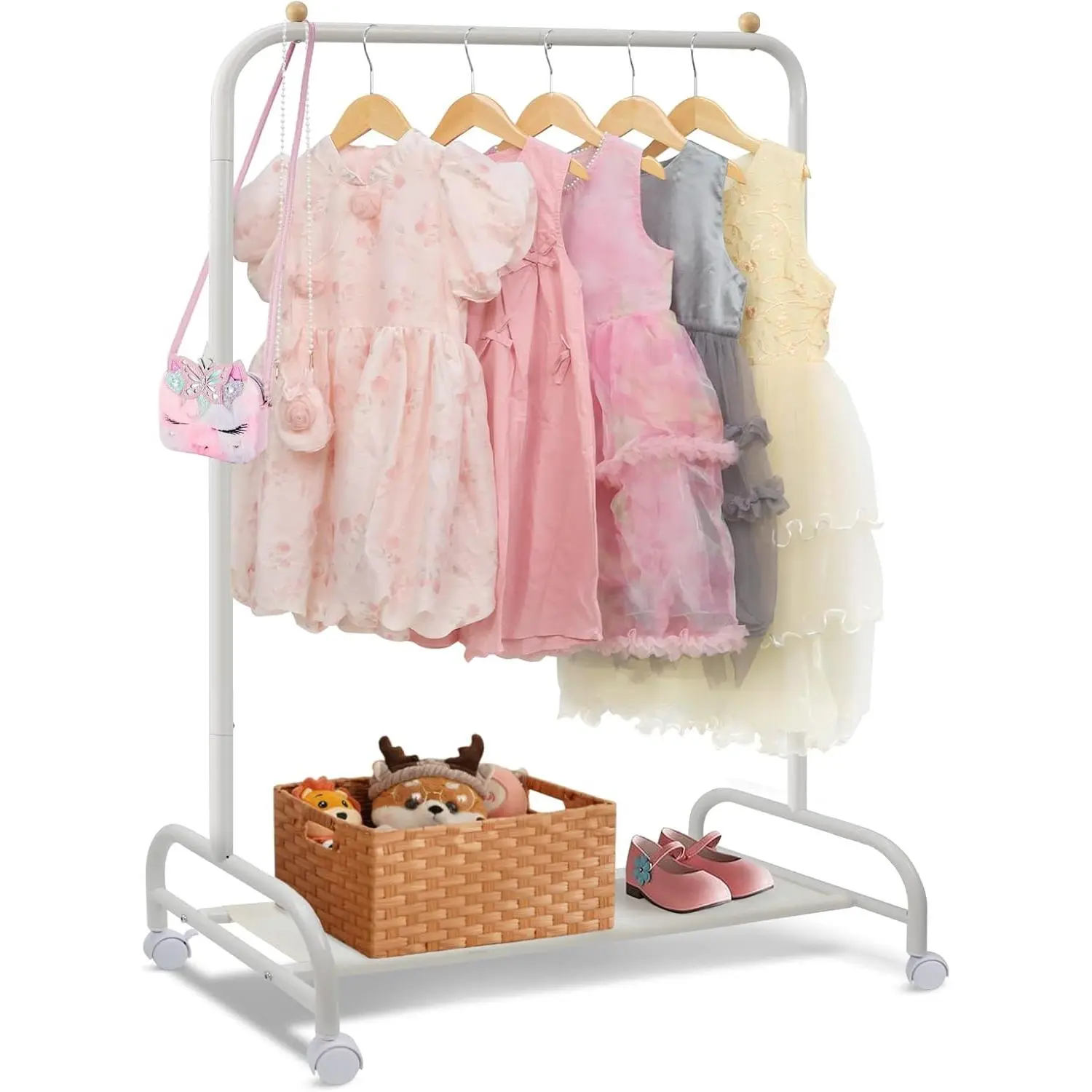 Kids Clothing Rack, Baby Clothes Racks for Hanging Clothes with Wheels and Bottom Storage Shelf, Small Toddler Garment Rack Kids Dress Up Storage Wardrobe for Coats, Skirts, Dance Costume(White)