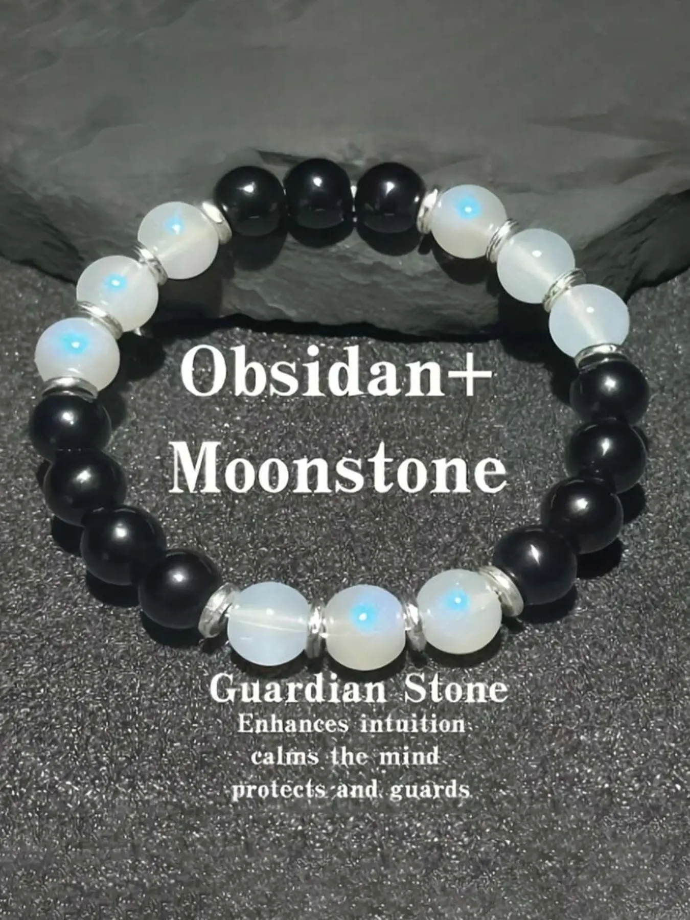 Natural Obsidian Calmness Bracelet , Moonstone , It Soothes Emotions , Helps With Stress , Yoga Meditation Suitable For Daily Wear