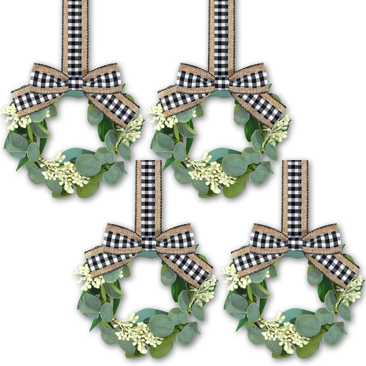 4 Piece 9 Inch Mini Farmhouse Wreaths, Artificial Kitchen Cabinet Wreaths, Small Farmhouse Decor for Front Door, Porch, Wall, Window, Classic Style