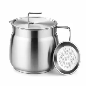 1L Stainless Steel Grease Keeper with Fine Filter Screen, Reusable Cooking Oil Storage Can with Lid & Ergonomic Handle for Kitchen Frying Oil Collection