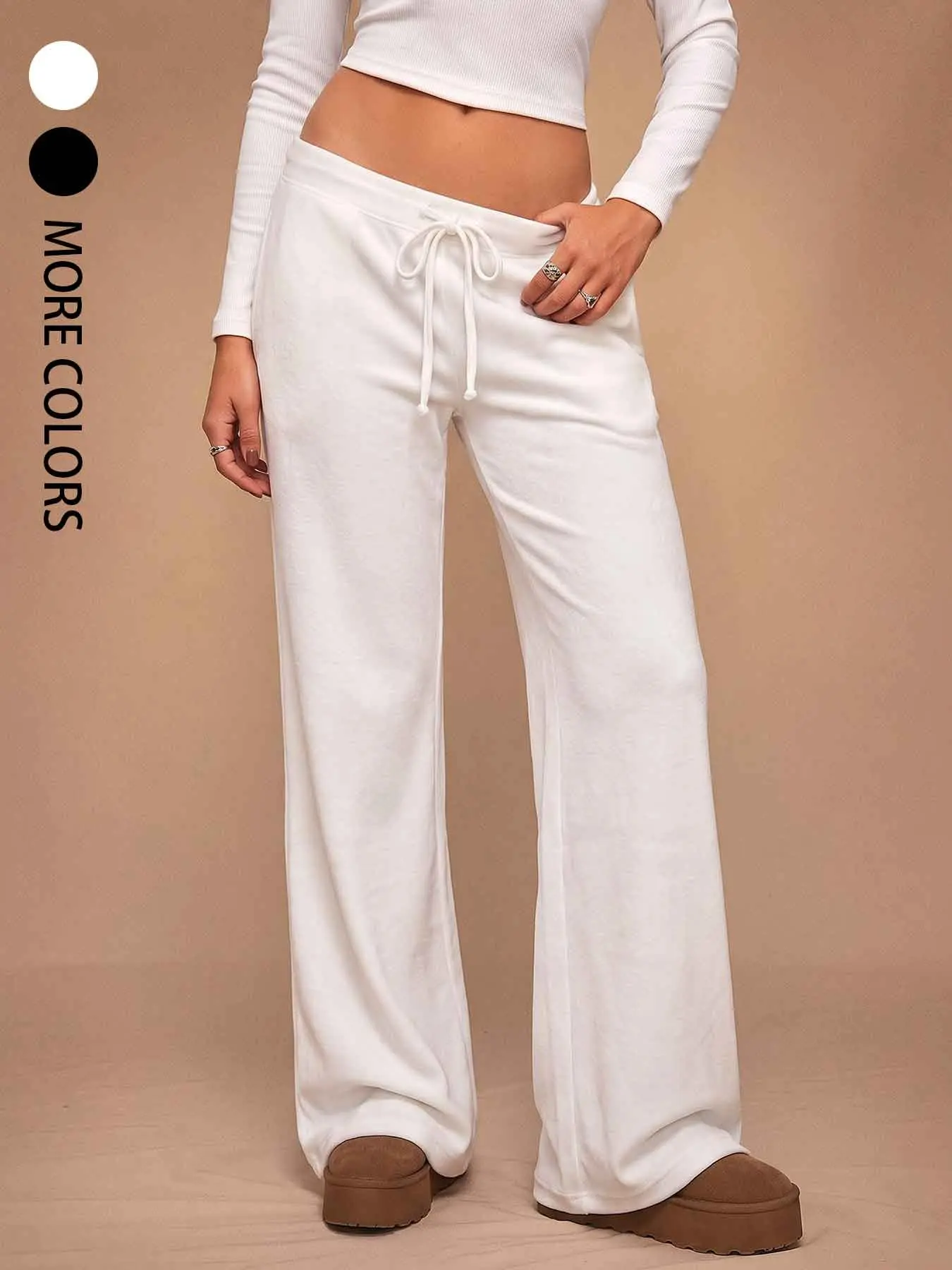 Y2K White Terry Cloth Low‑Rise Drawstring Wide‑Leg Sweatpants for Women, Soft Draped Floor‑Length Loose Trousers, Retro Streetwear Casual Lounge Pants #springsaledeals2026 #summeroutfits #tiktokshopmademebuyit #widelegloungepants