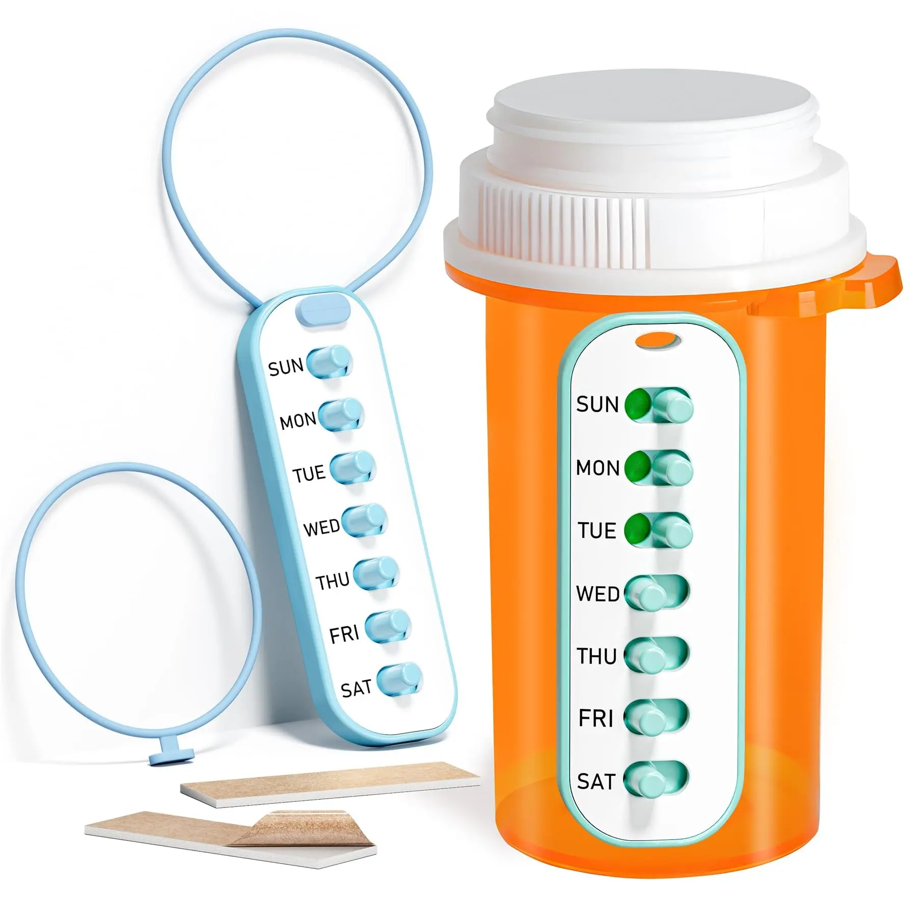 2 Pack Pill Reminder, Lanyad or Sticker Pill Tracker, Work with Most Bottles, Reusable Medication Tracker Replacement of Vitamin Weekly (7 Day) Medicine Organizer