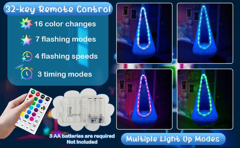 Modern Kids Hanging Pod Hammock Swing with 16-Color LED Lights & Remote, Adjustable, Magic Tape, Sturdy Indoor-Outdoor Furniture, Supports 220lbs, Relaxing Gift for Playrooms, Swinging Chair Outdoor