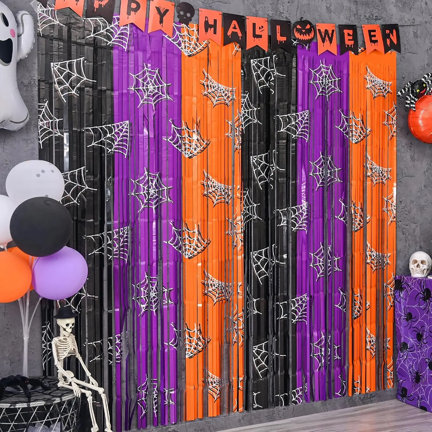 Halloween Foil Fringe Curtains 2-Pack, 3.3x6.6ft Spooky Metallic Synthetic Tinsel Streamers Backdrop, Orange-Black Spiderweb Photo Booth Props for Greeting Trick-or-Treaters, Window Party Supplies, Magical, Mesmerizing Joy-Filled Celebration