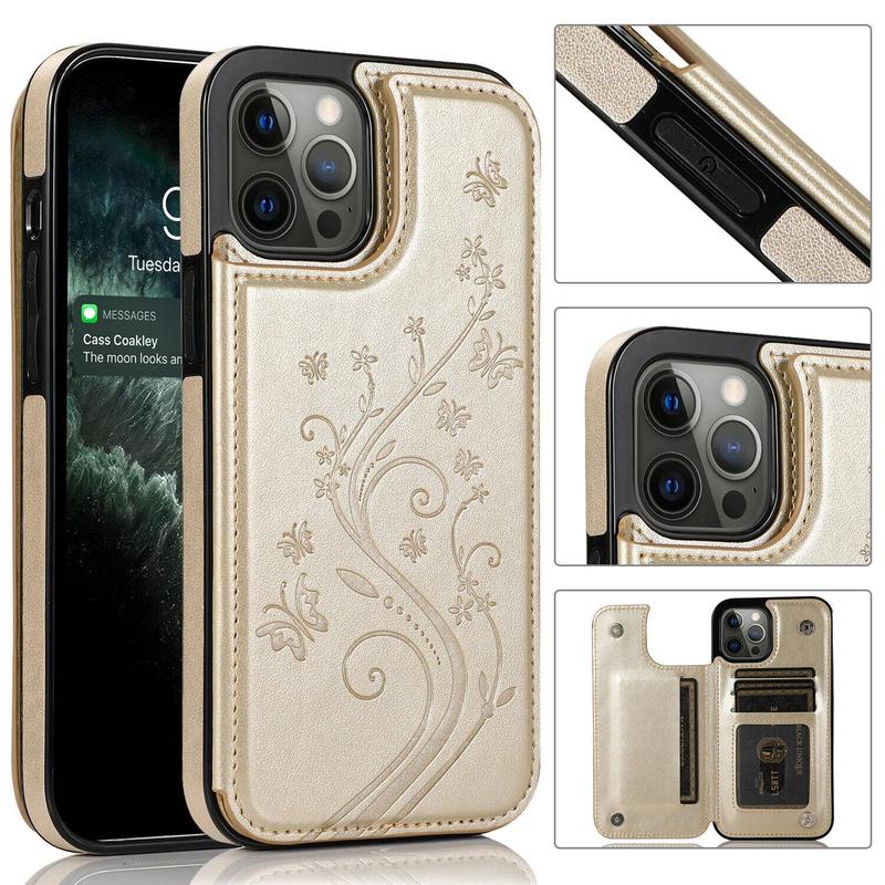 HISTORYOO Card Slots Case For iPhone 17 Pro Max Air 17 16 15 14 13 12 11 Pro Max 16 15 14 Plus / Pro Wallet Card Holder Stand Durable Magnetic Clasp Soft TPU Shockproof Back Cover Flower Butterfly Pattern Bumper Rubber Retro PU-Leather Phone Case