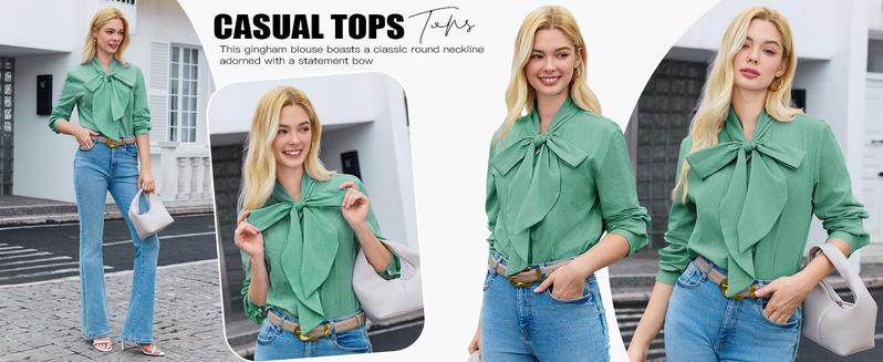 Imily Bela Womens Plaid Shirts Bow Tied Neck Button Down Long Sleeve Casual Dressy Blouse Tops Womenswear Chic