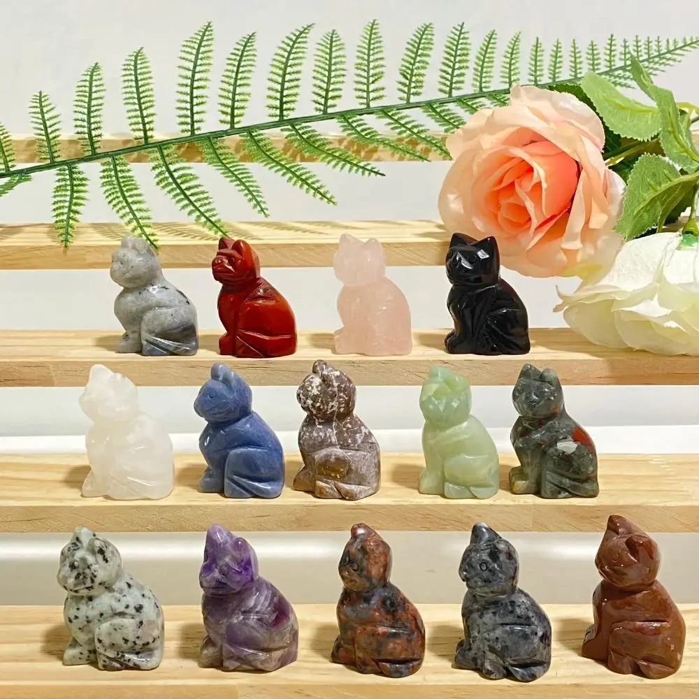 5Pcs 2 Inch Hand Carved Natural Stone Cat Statue Set, Mixed Crystal Figurines with Amethyst Rose Quartz Moss Agate, Healing Gemstone Mini Ornaments for Desk & Home Interior Decor