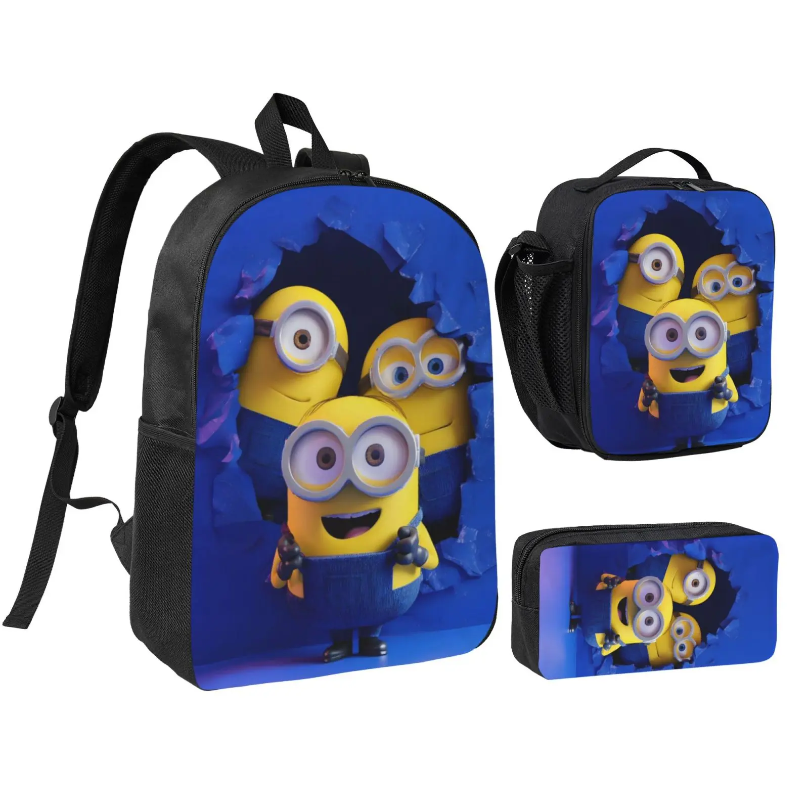 Anime Despicable Me3 backpack with lunch bag pencil box for Teen Girls Boys, 3pcs kids school bag with adjustable straps, office travel bag Bookbag lunchbox