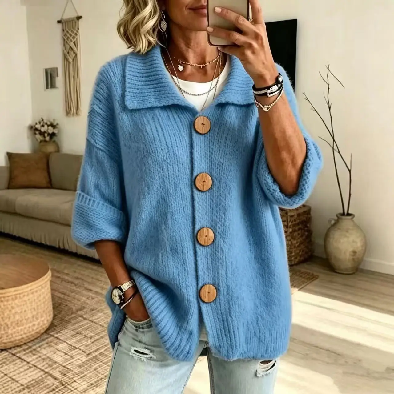 2026 European and American button-knitted sweater cardigan jacket autumn and winter new models, solid color casual fashion women's clothing Knitwear Womenswear