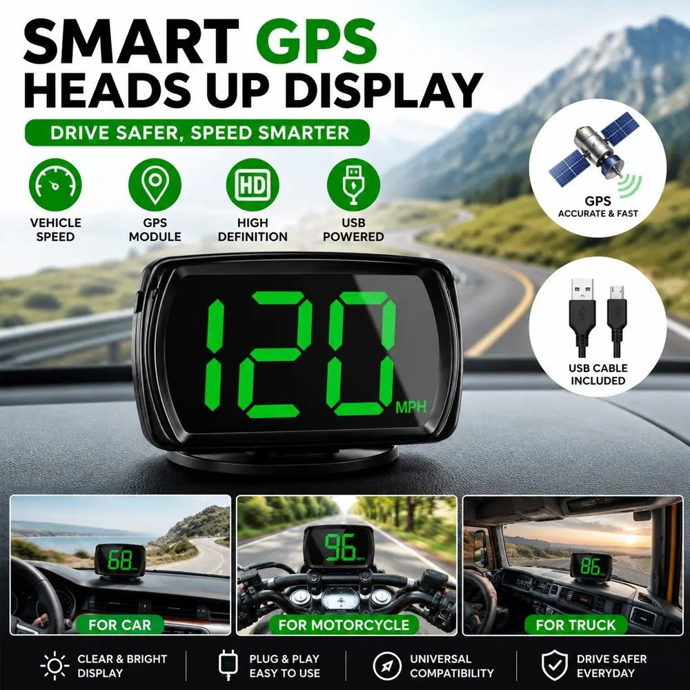 GPS Heads Up Display for Car, HD Digital Speedometer HUD, Large Green Screen, USB Plug & Play, Accurate Real Time Speed Display, Universal Vehicle Accessory