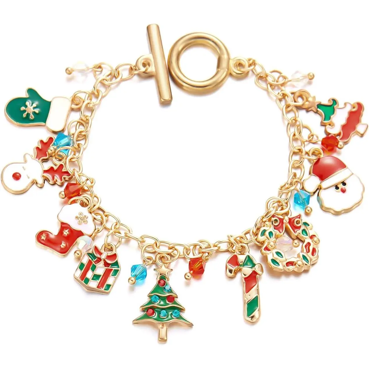 Christmas Charm Bracelets Cute Christmas Tree Pendant Bracelet Colorful Beaded Santa Claus Christmas Tree Stockings Snowflake  Box wreath crutch Candy  Pendant Bracelet for Christmas Party
