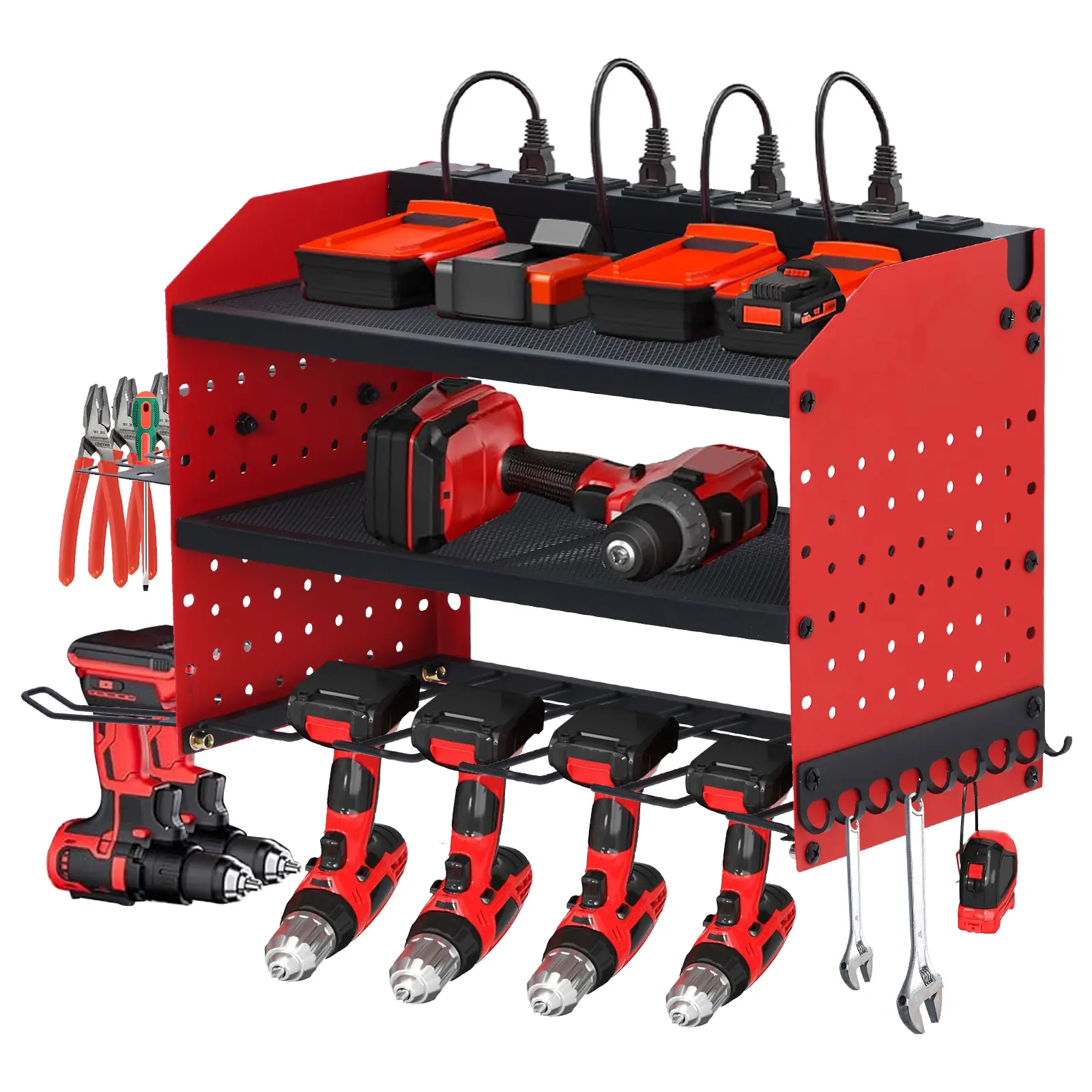Garvee Heavy Duty 4-Layer Power Tool Organizer Wall Mount - 400lbs Capacity Garage Storage Rack, 8 Drill Holders, Metal Shelf with Charging Station & Hooks, Ideal for Workshop or Workbench
