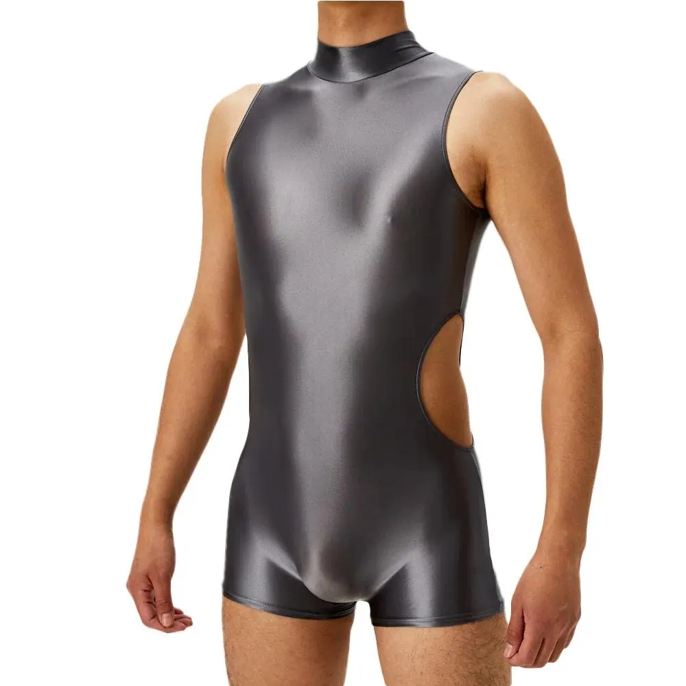 Sexy Men Playsuit Hollow Out Bodysuit Unisex Tights Elastic Leotard Oil Glossy Shiny Smooth Leotard Shapewear Jumpsuit
