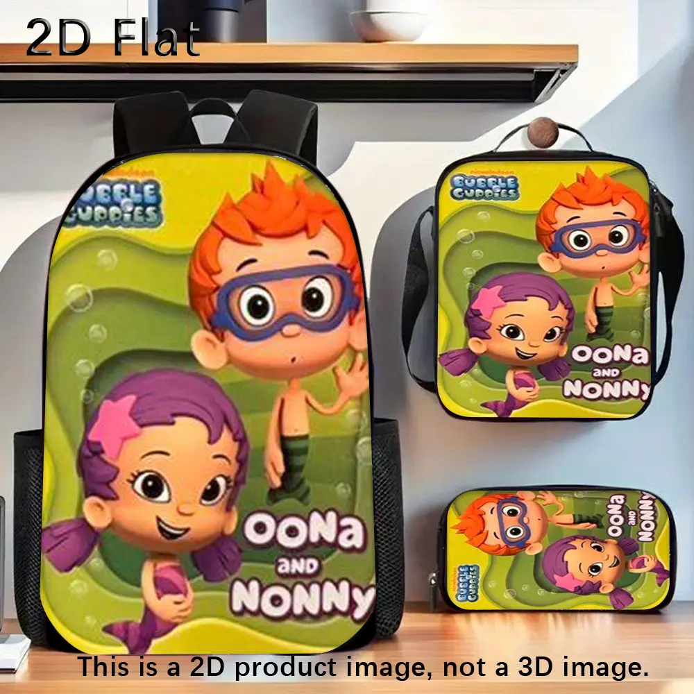 Durable Water Resistant 3-Piece Backpack Set for Kids, Lightweight School Bag with Lunch Box, Green Bubble Background Bubble Guppies Oona & Nonny Cartoon Graphic Print, Spacious 15in Laptop Pocket & Soft Breathable Padded Straps