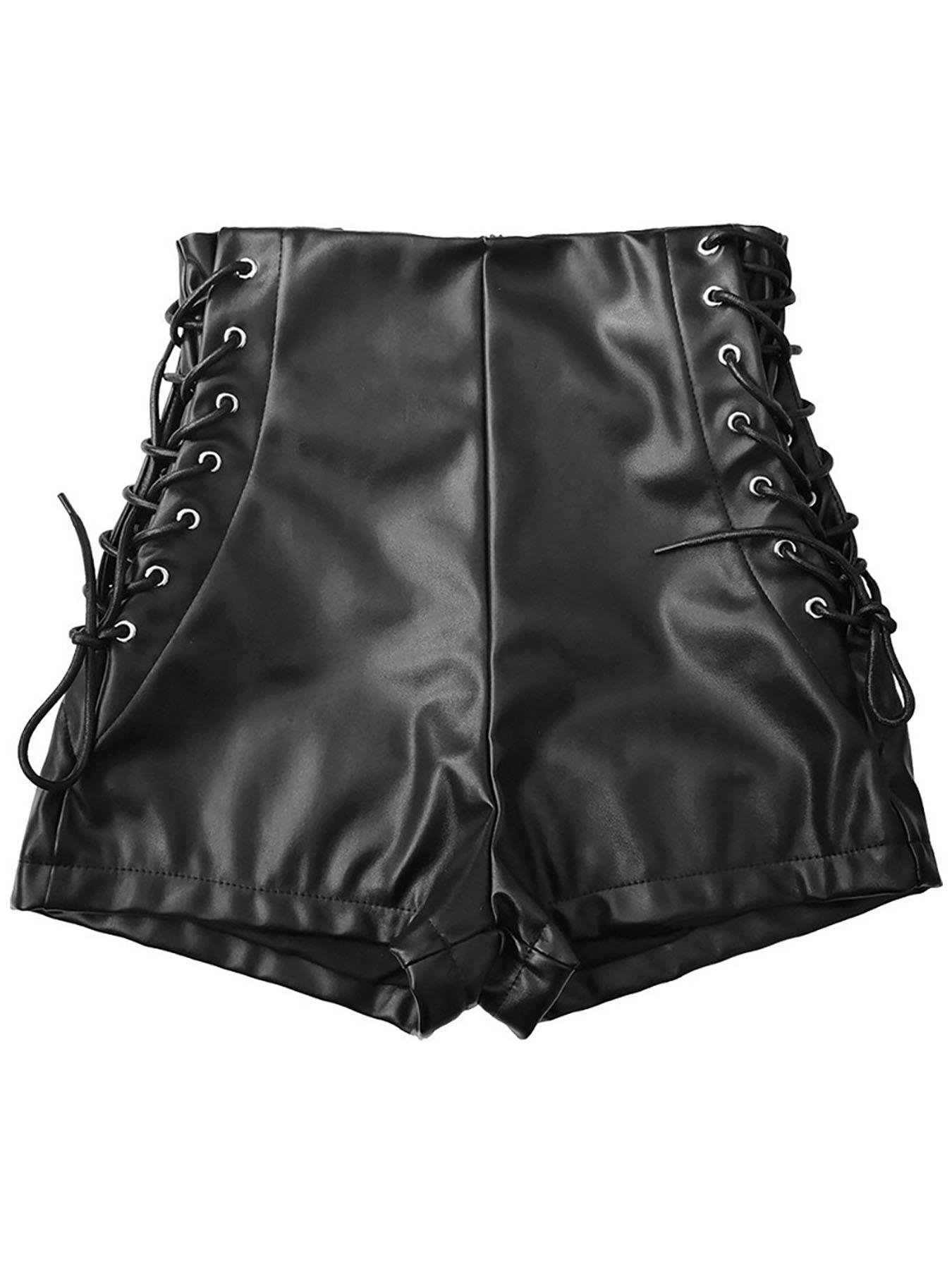 Women's Solid Color PU Leather Shorts, Fitted Fashion Shorts, Fashion Casual Lace Up High Waist Shorts for Daily Outdoor Wear, Ladies Bottoms for All Seasons