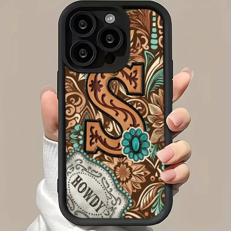 Turquoise Western Initial S Phone Case， Vintage Floral Leather Style for iPhone 17 16 15 14 13 12 11 Plus Pro Max， Exquisite Cowgirl Gift.
