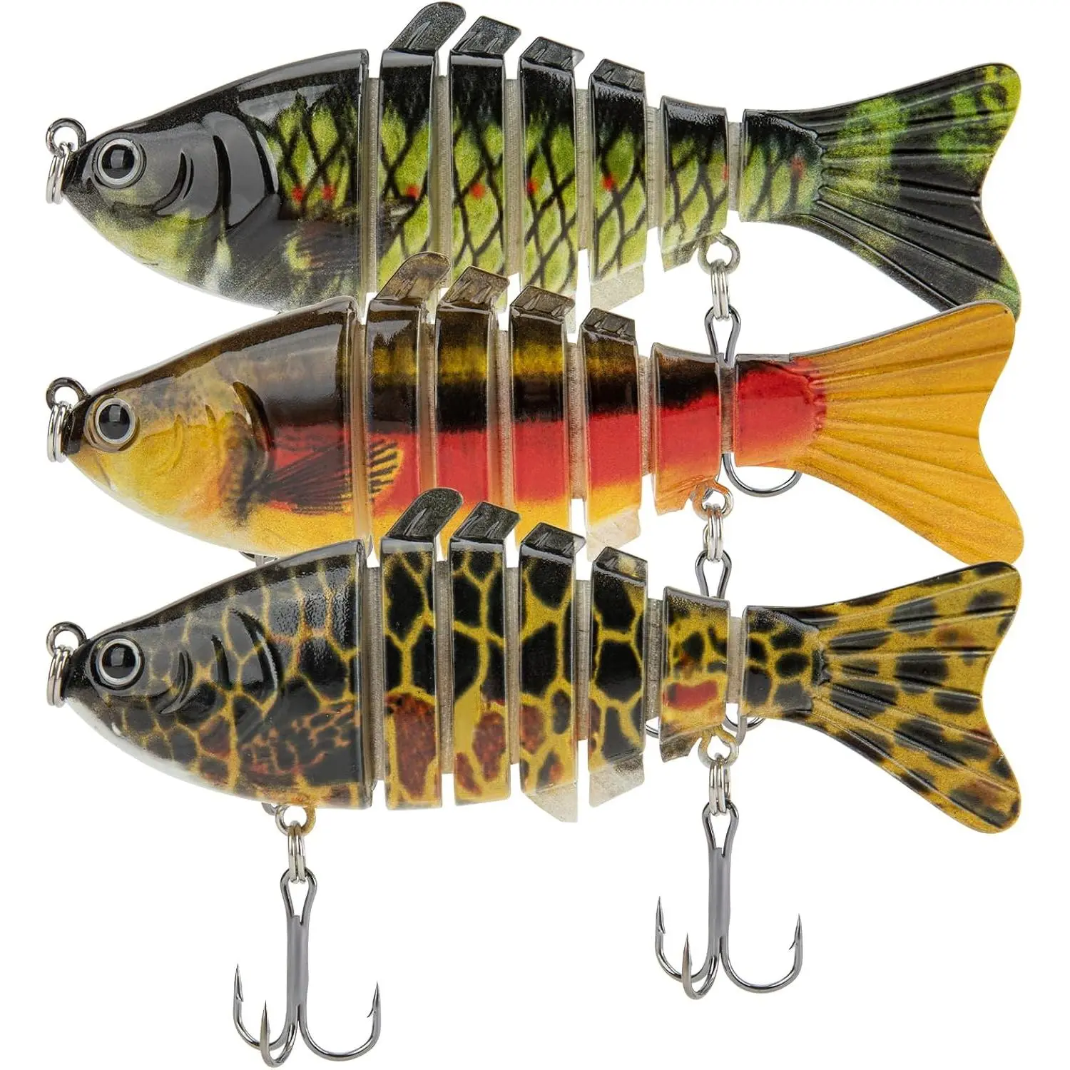 3 count  Segmented Fishing Lures Set, Multi-Jointed Hard Baits with  Eyes & Realistic Swimming Action,  Treble Hooks for Bass, Trout, Walleye, Freshwater & Saltwater Swimbait