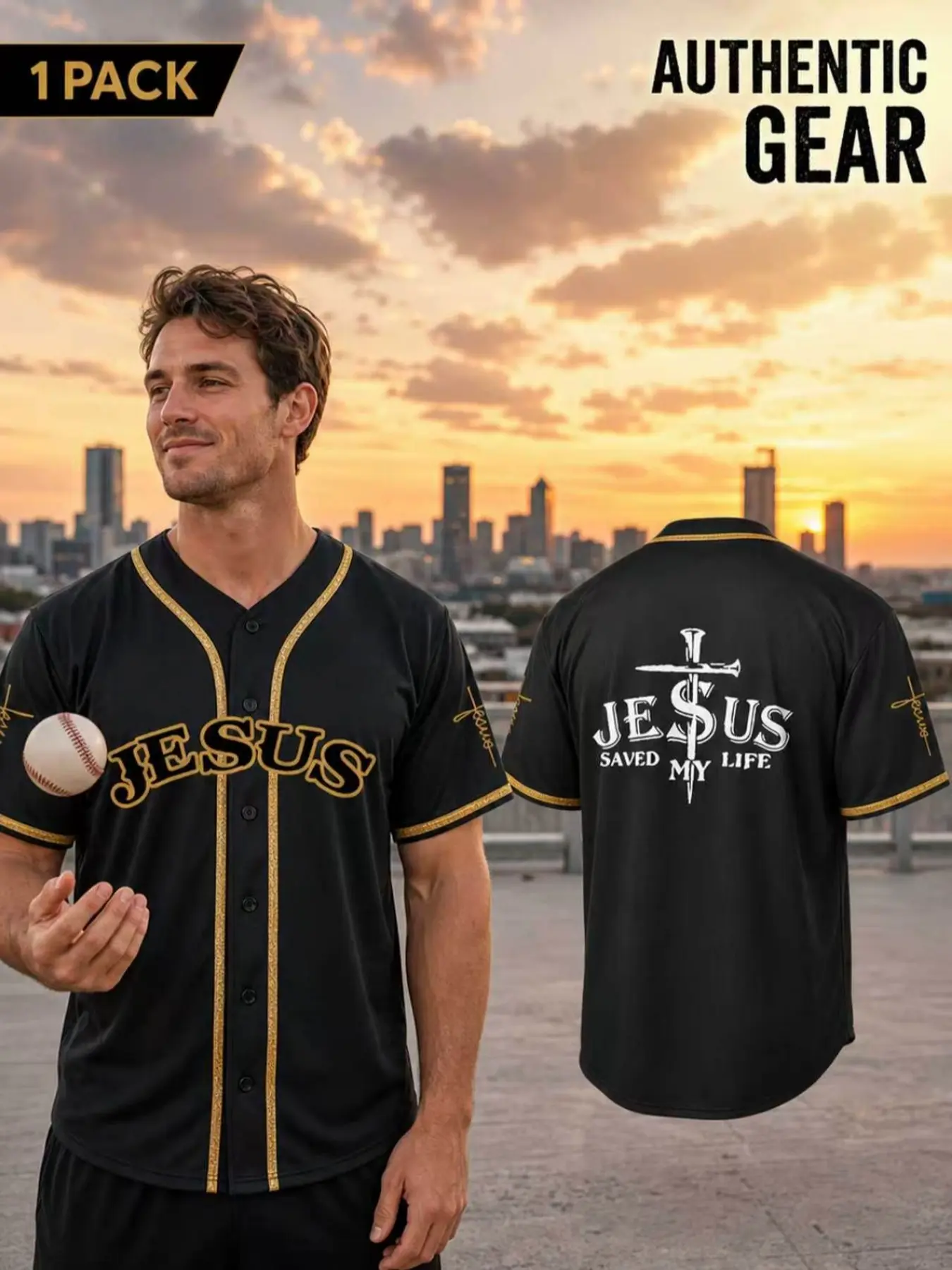Men's Jesus Stitched Baseball Jersey, Embroidered Cross "Saved My Life" Design, Button Down Short Sleeve Casual Sportswear