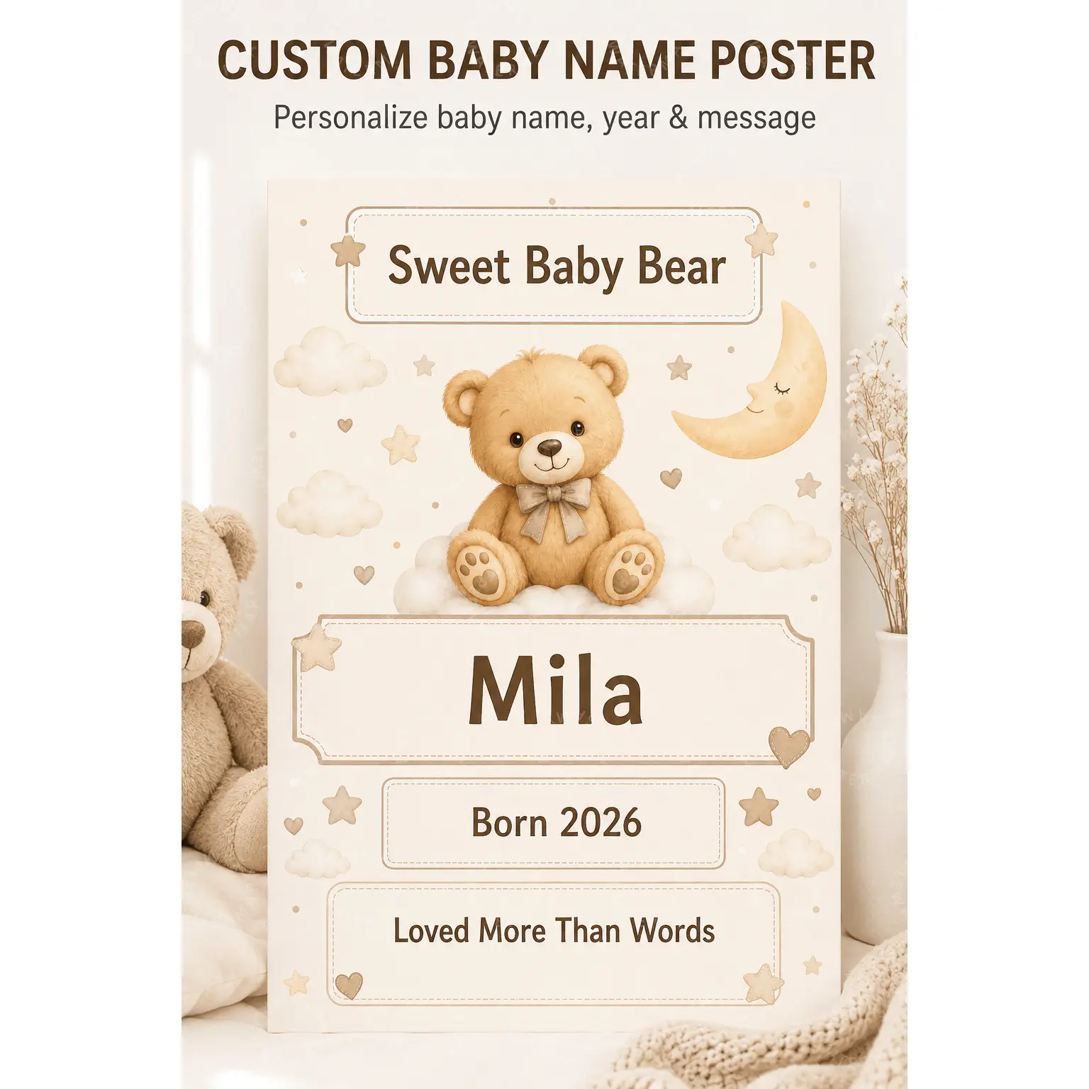 Custom Baby Name Poster, Personalized Teddy Bear Nursery Wall Art, Cream Beige Moon Stars Baby Room Decor, Kids Bedroom Aesthetic Poster, Baby Shower Newborn Gift, Living Room Office Wall Decor