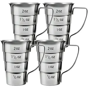 4 Pieces Stepped Jiggers with Handle, 2 oz Cocktail Jigger for Bartending, 304 Stainless Steel Liquor Measuring Cups, Shot Measure Cup for Bar Supplies Restaurant, Dishwasher Safe, Silver