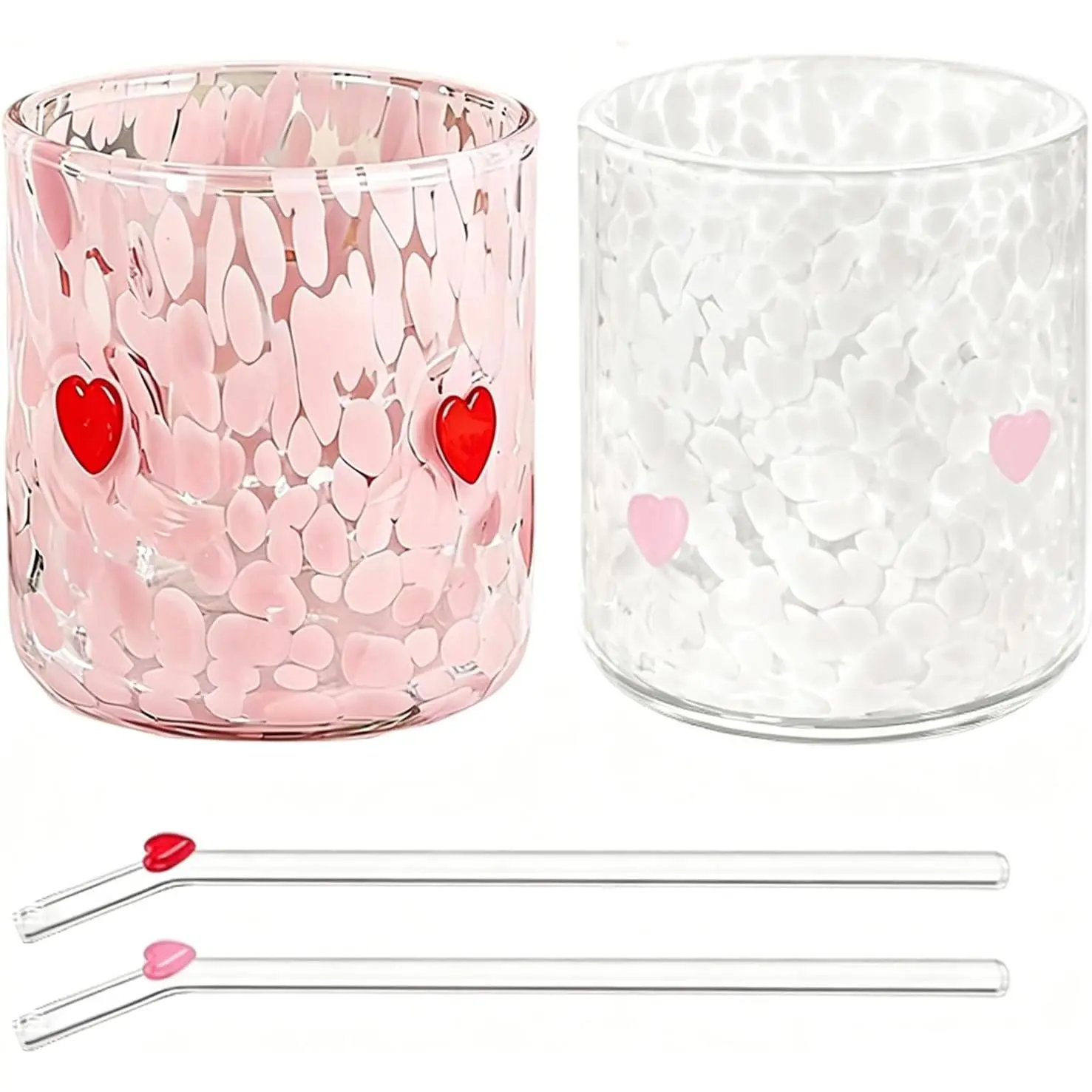 14oz Heart Icon Stemless Drinking Glasses Set (2-Pcs) with 2 Straws, Lightweight Beverage Cocktail Cups for Valentine’s Day Romantic Gifts, Engagements, Art Deco