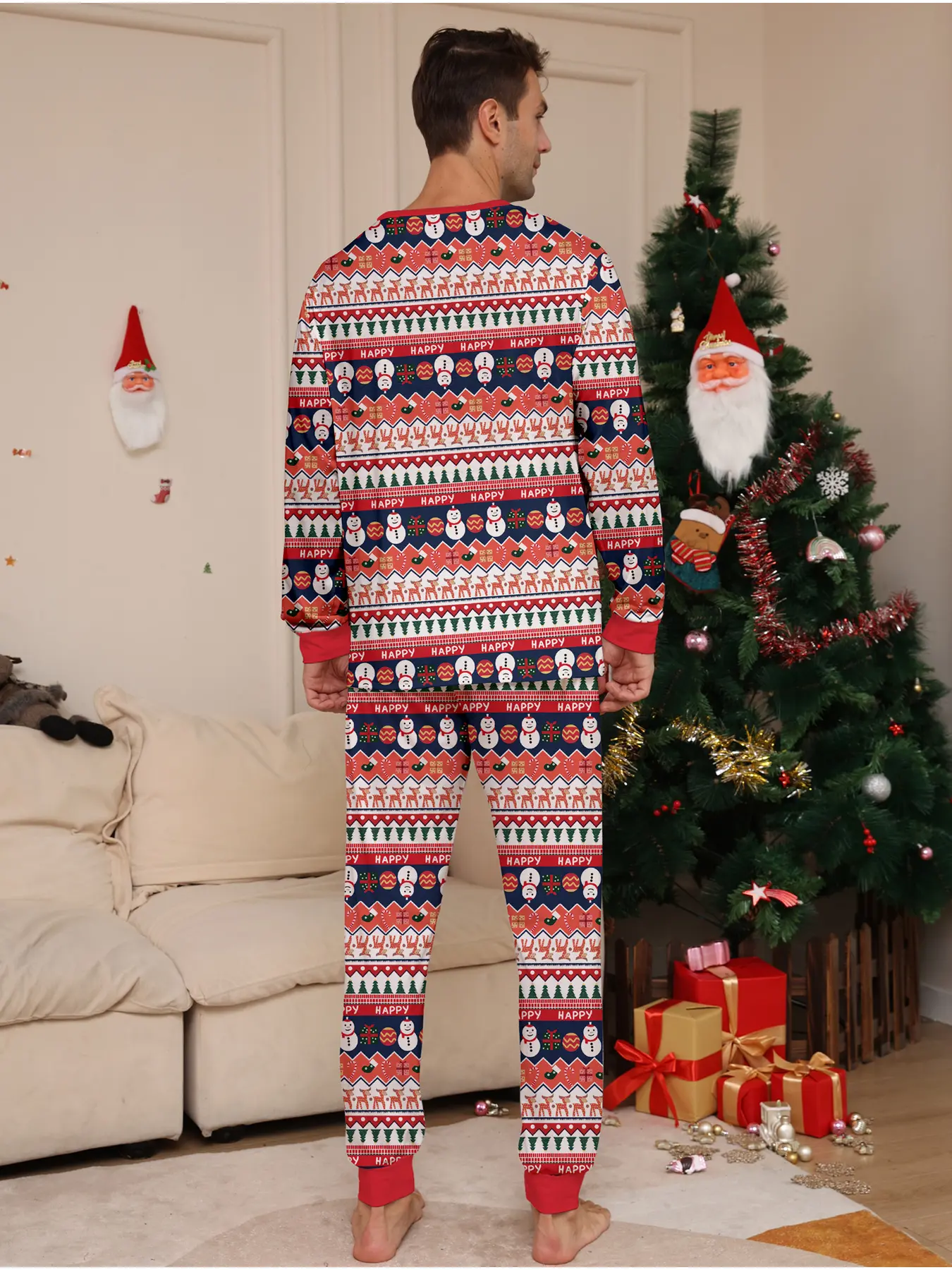 Family Matching Christmas Pajamas Set for 4, Santa & Tree Print Two-piece Loungewear with Red Trim, Soft Breathable Knit, Perfect for Xmas Photos, Party & Daily Sleep