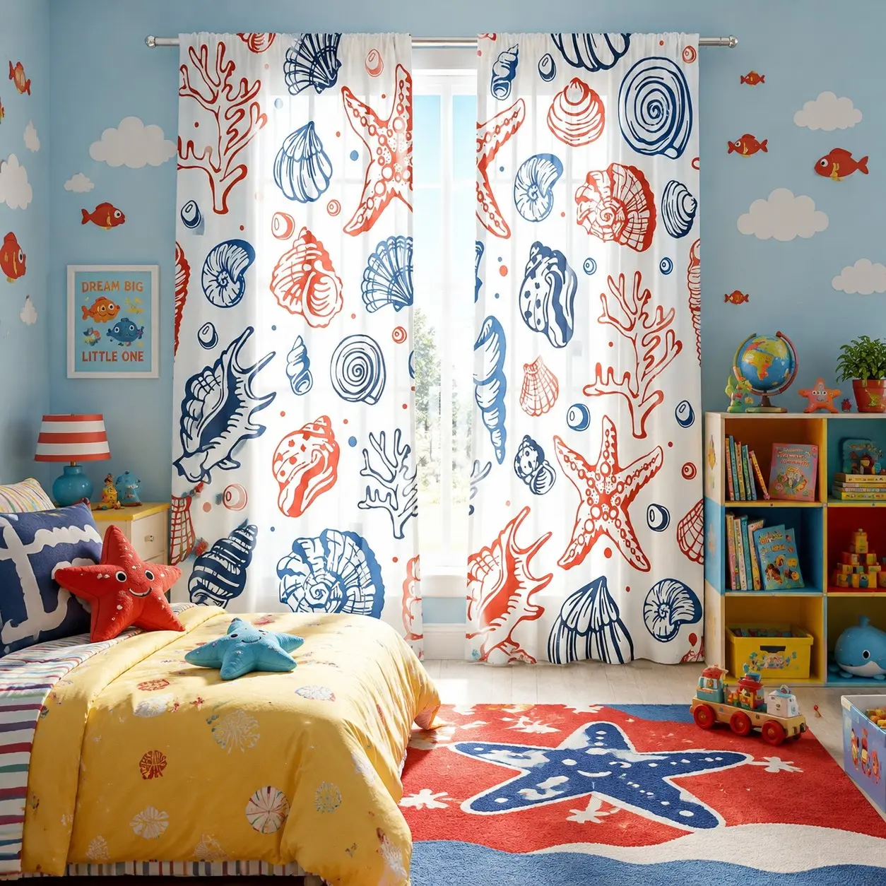 2 pieces of vintage hand-painted conch shell ocean element printed curtains, lightweight and slightly translucent, suitable for a seaside vacation style bedroom in a guesthouse, floor-to-ceiling fabric curtains