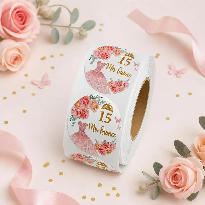 500Pcs Mis Quince 15th Birthday Sticker Roll, Featuring A Pink Princess Dress With Floral Design For Quinceanera, Round Labels Suitable For Party Gifts, Sweet 15 Gift Packaging, Thank You Envelope Closures, And Invitation Decorations