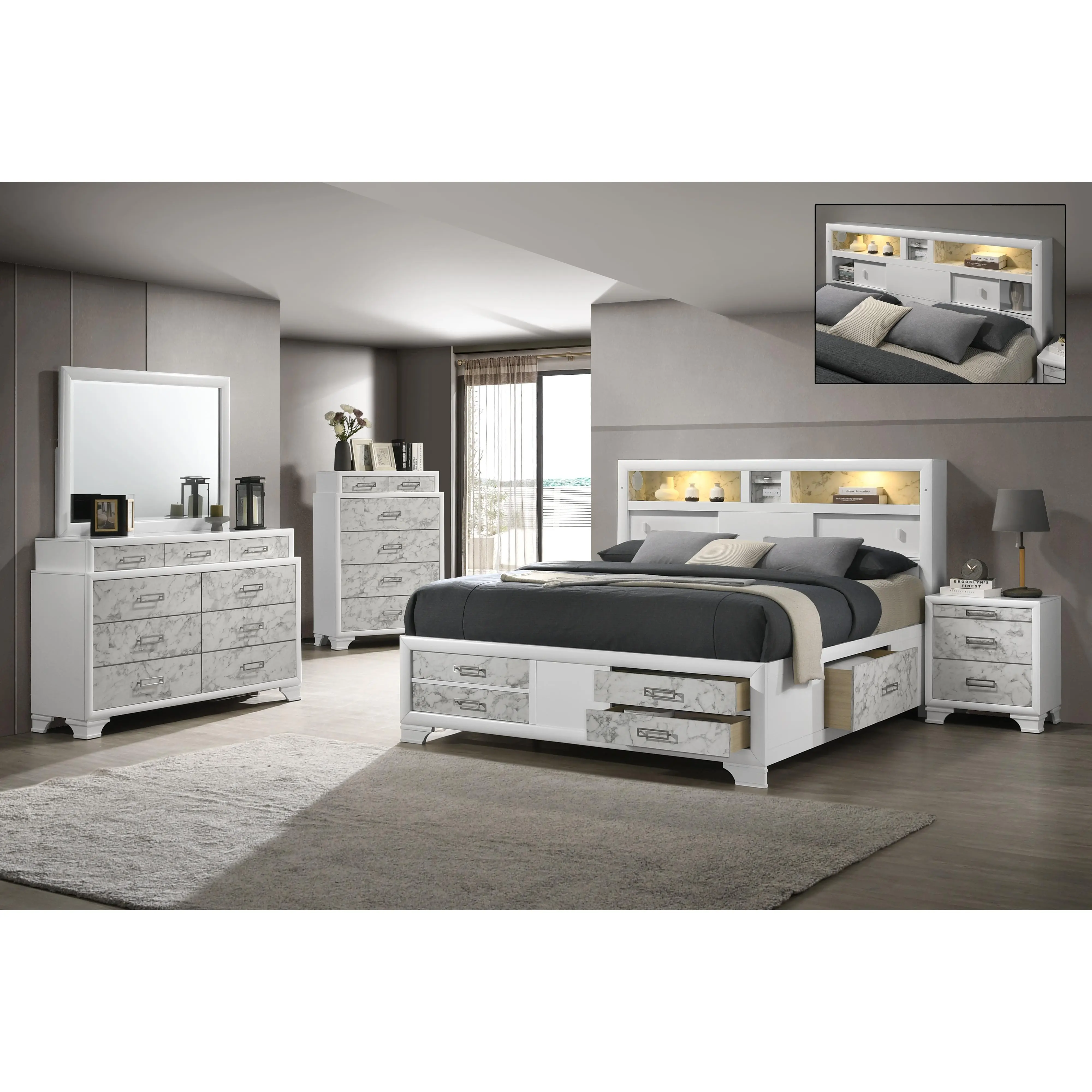 ARCH Queen 5-Piece Bedroom Set White Wood Modern Bed with Dresser Mirror Nightstand Chest, Soft Close Drawers, Chenille Upholstered Bed Frame, No Box Spring Needed, Complete Bedroom Furniture Suite, Queen Size Options, White Color Options