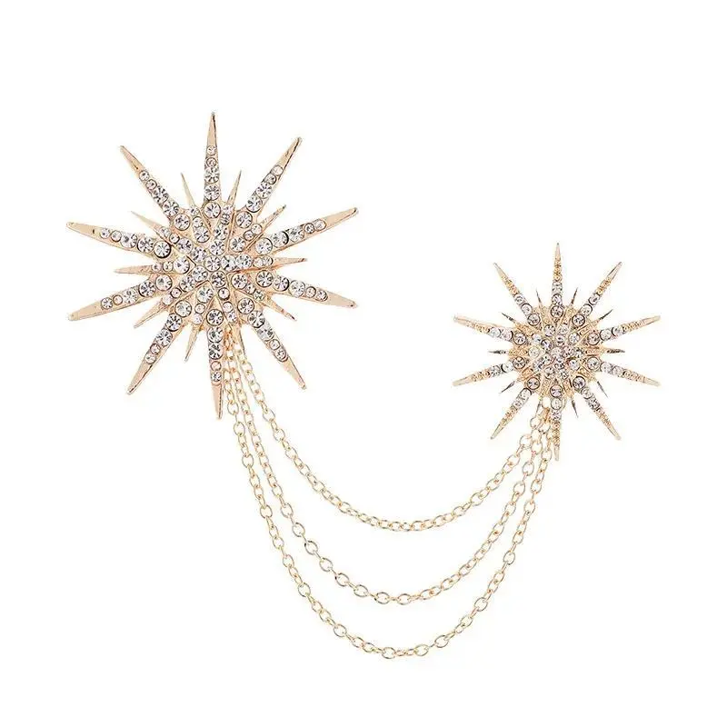 Vintage Crystal Star Snowflake Brooch for Men, Tassel Chains Badge Clips, Elegant Formal Wear Suit Lapel Pins, Fashion Jewelry Accessories